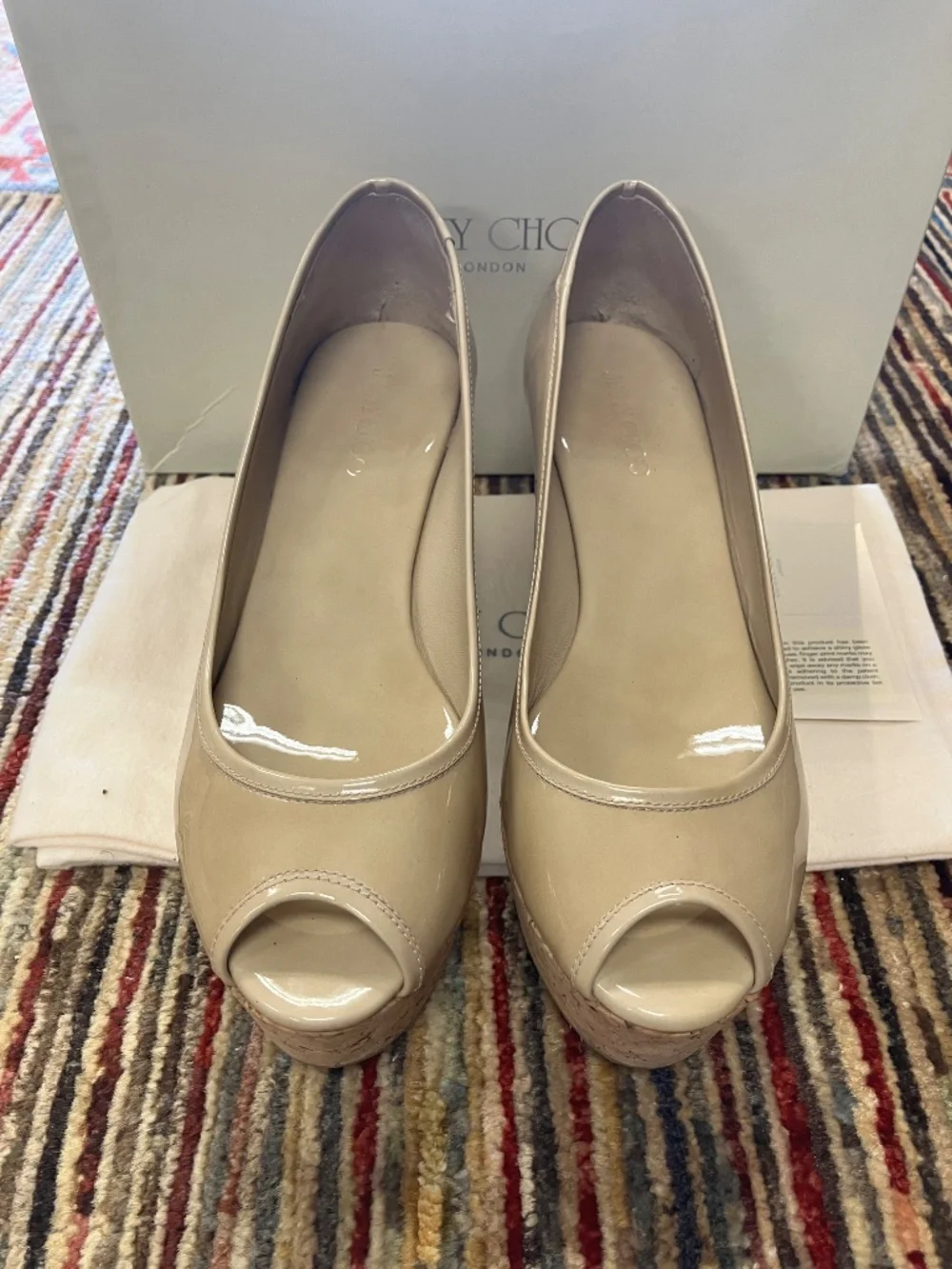 NEW Jimmy Choo USA 7 - Open Toe, Nude (Tan, Beige), Patent Leather, Cork Wedges